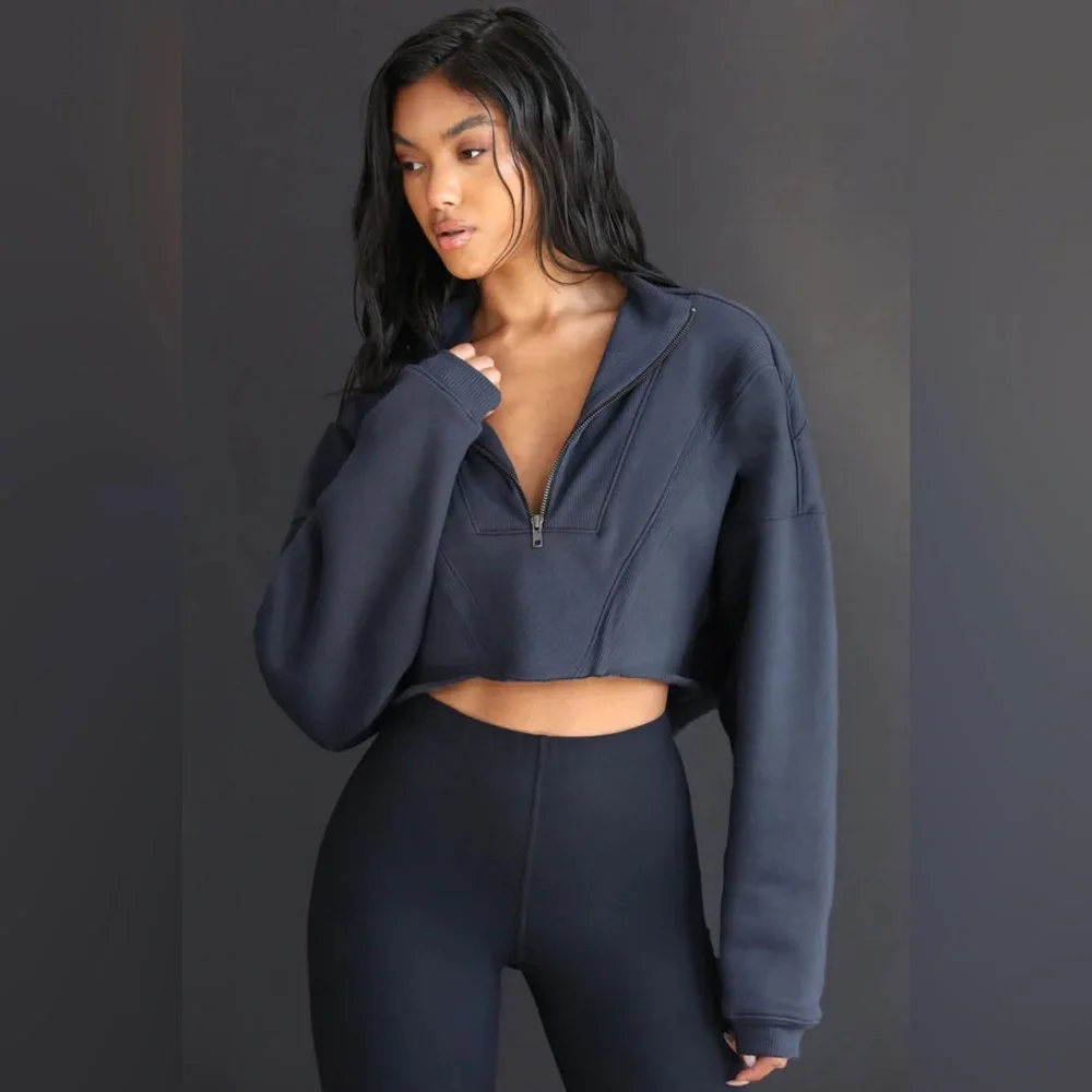 $218 JOAH BROWN NAVY HALF ZIP CROP SWEATSHIRT SKIMS HAILEY BIEBER FREE PEOPLE - Picture 6 of 6